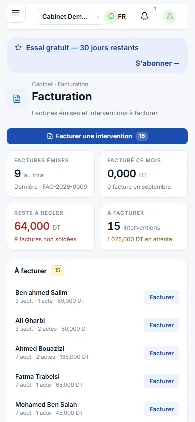 Espace vétérinaire affiché sur un téléphone : écran Facturation