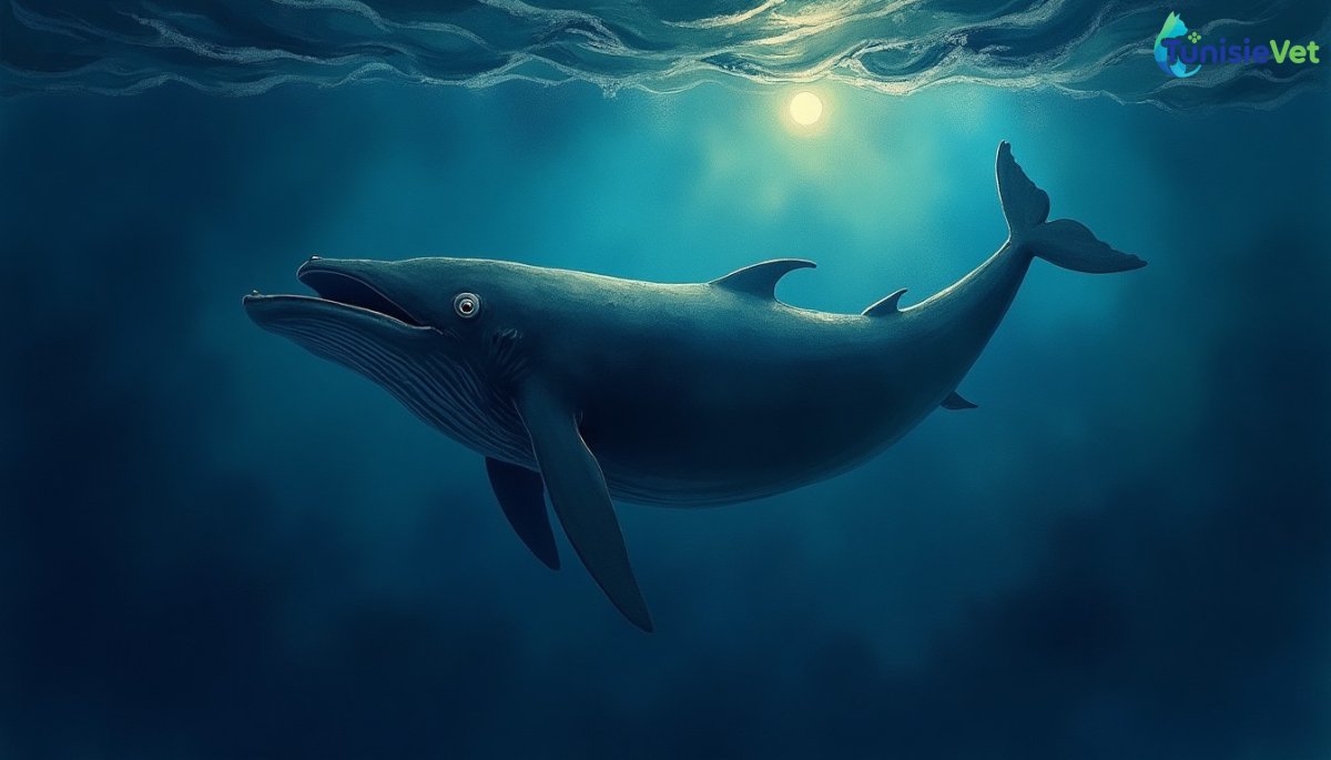 Un immense poisson nage dans les profondeurs obscures de la mer, illustrant le récit du prophète Yunus englouti dans ses ténèbres.