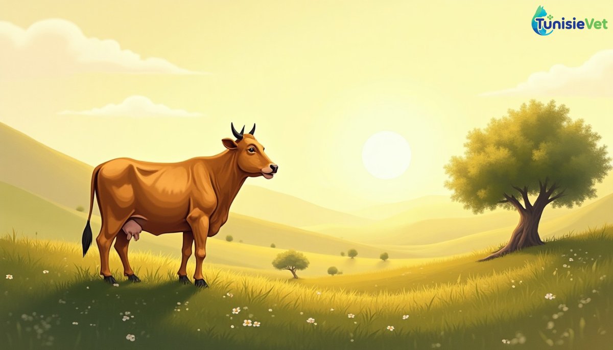 Une vache jaune vif se tenant paisiblement dans un paysage doré, illustrant le récit coranique de la sourate Al-Baqara.