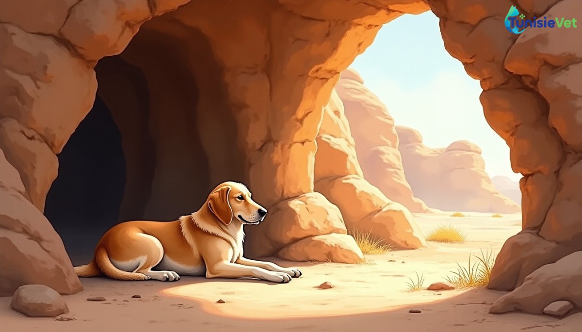 Un chien fidèle allongé à l'entrée d'une grotte paisible, illustration inspirée du récit coranique des Compagnons de la Caverne.
