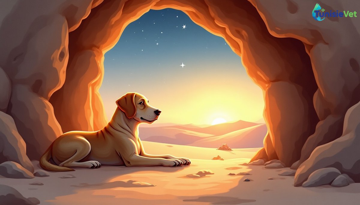 Un chien fidèle allongé, pattes étendues, à l'entrée d'une caverne baignée d'une lumière dorée.