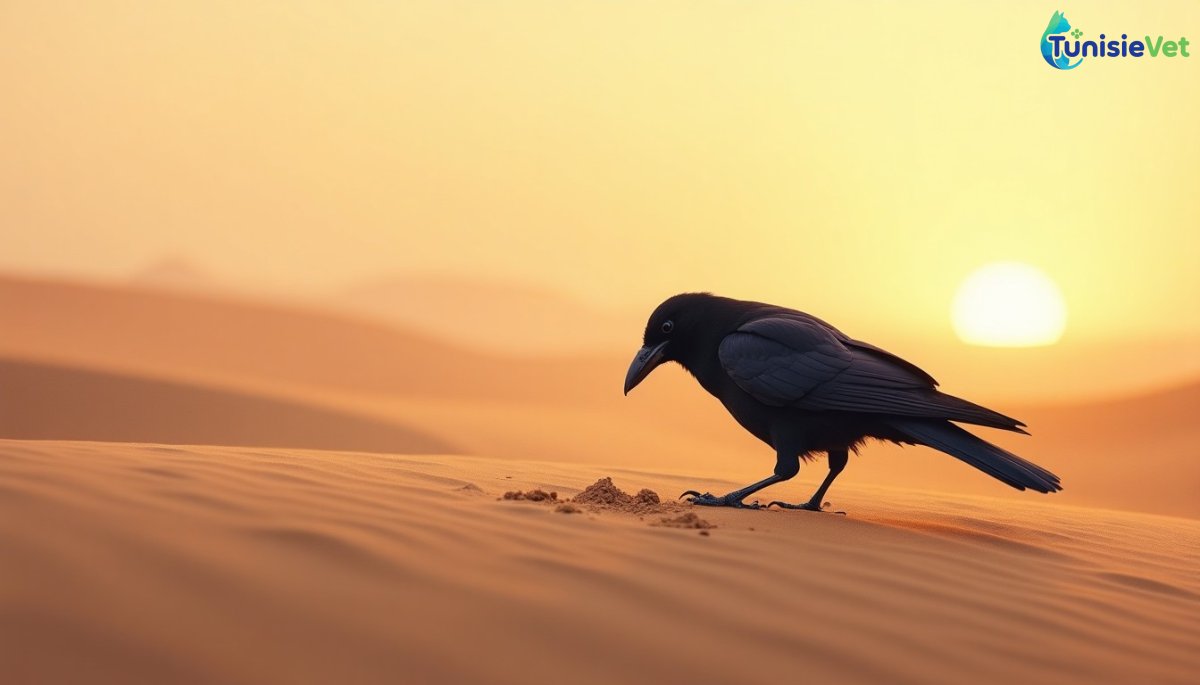 Un corbeau gratte le sable du désert au lever du jour, illustrant l'enseignement divin rapporté dans le Coran.