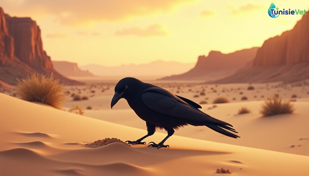 Un corbeau gratte le sable du désert, illustrant le geste enseigné selon le récit coranique.