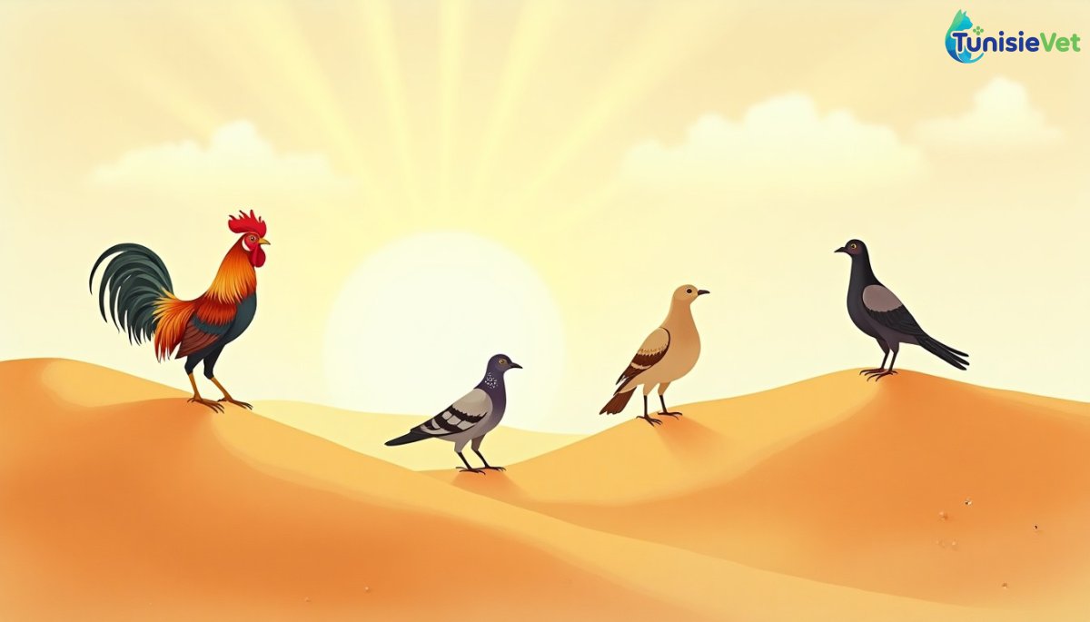 Quatre oiseaux perchés sur des collines dorées sous un ciel chaud, illustrant le récit du prophète Ibrahim.