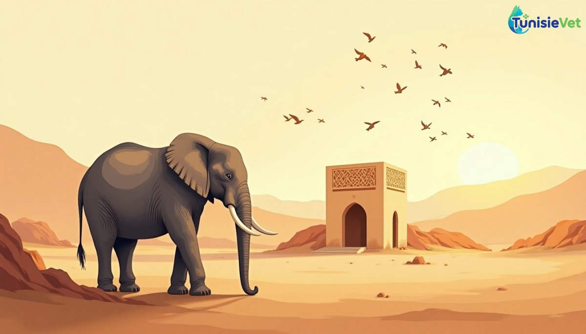 Un éléphant immobile face à la Kaaba au loin, tandis qu'une volée d'oiseaux traverse le ciel doré du désert.