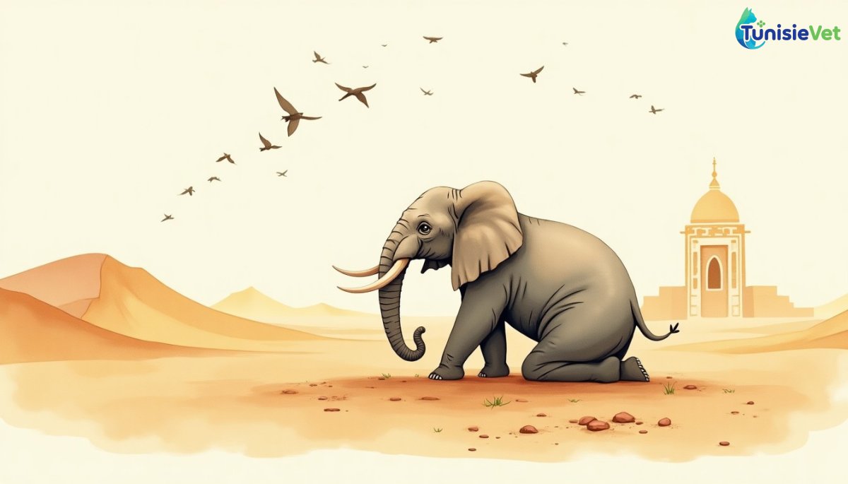 Un éléphant agenouillé dans le désert sous une volée d'oiseaux, illustrant l'histoire de l'armée des éléphants.