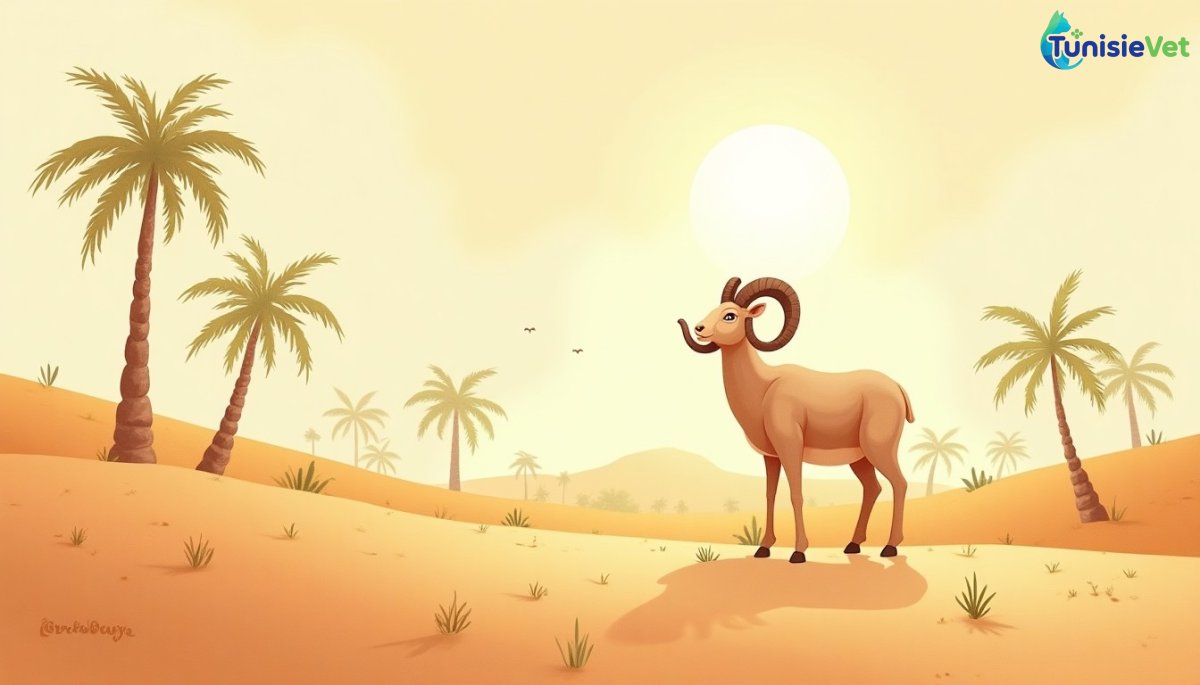 Un bélier majestueux se tient sur une dune dorée au coucher du soleil, évoquant le sacrifice envoyé par Dieu pour racheter Ismaël.