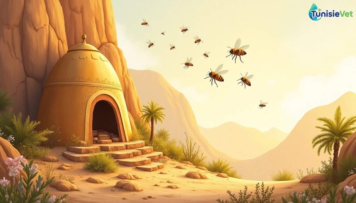 Des abeilles volant autour d'une ruche nichée dans la montagne, entourée de fleurs, dans une lumière dorée et apaisante.