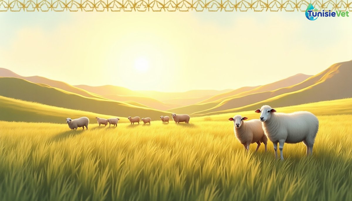 Un troupeau de moutons paissant paisiblement près d'un champ de blé verdoyant au coucher du soleil.