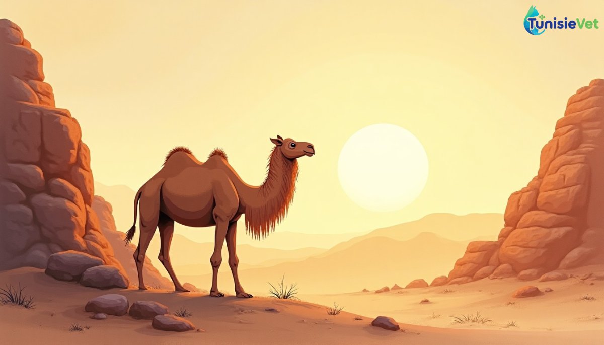 Un chameau se tient near un rocher désertique au coucher du soleil, illustration douce évoquant les récits prophétiques.