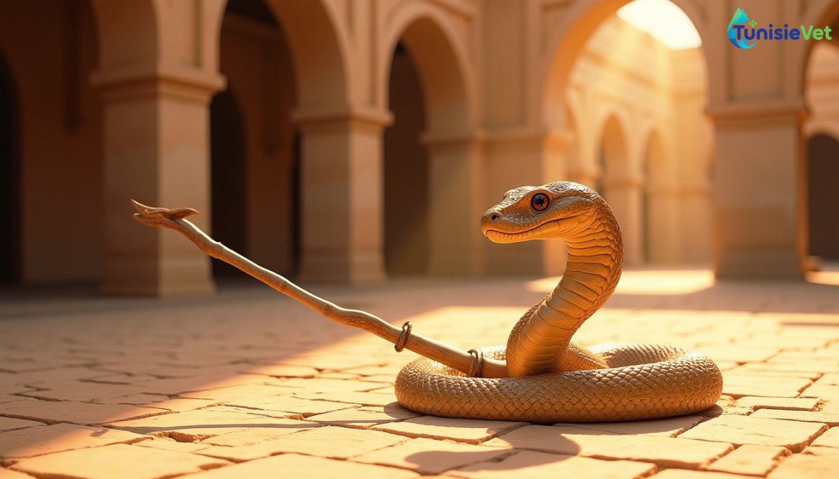 Un bâton se transformant en serpent devant une architecture de palais orientale baignée de lumière dorée.