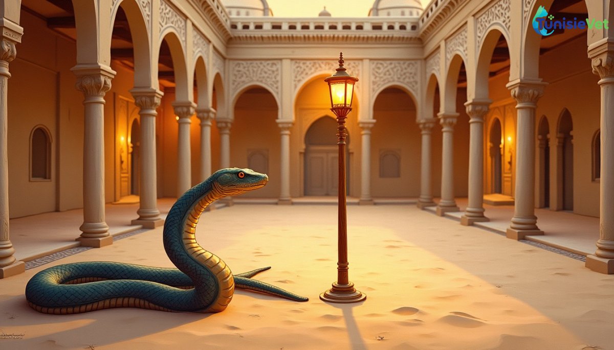 Un serpent doré s'enroule près d'un bâton de bois posé sur le sable, devant une architecture islamique baignée de lumière chaude.