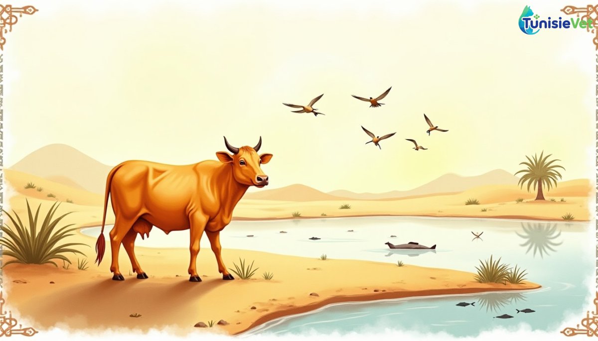Illustration douce à l'aquarelle d'une vache jaune près d'une oasis, avec des cailles volant dans le ciel et des poissons près du rivage.