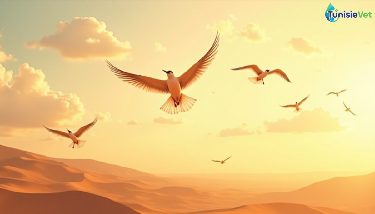 Un vol d'oiseaux déployant leurs ailes dans un ciel doré, illustrant un signe de la puissance divine évoqué dans le Coran.