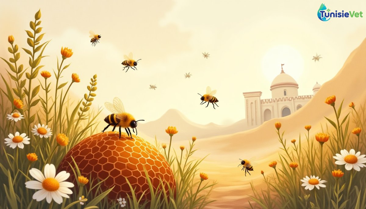 Des abeilles butinent des fleurs autour d'un rayon de miel doré baigné de lumière chaude.