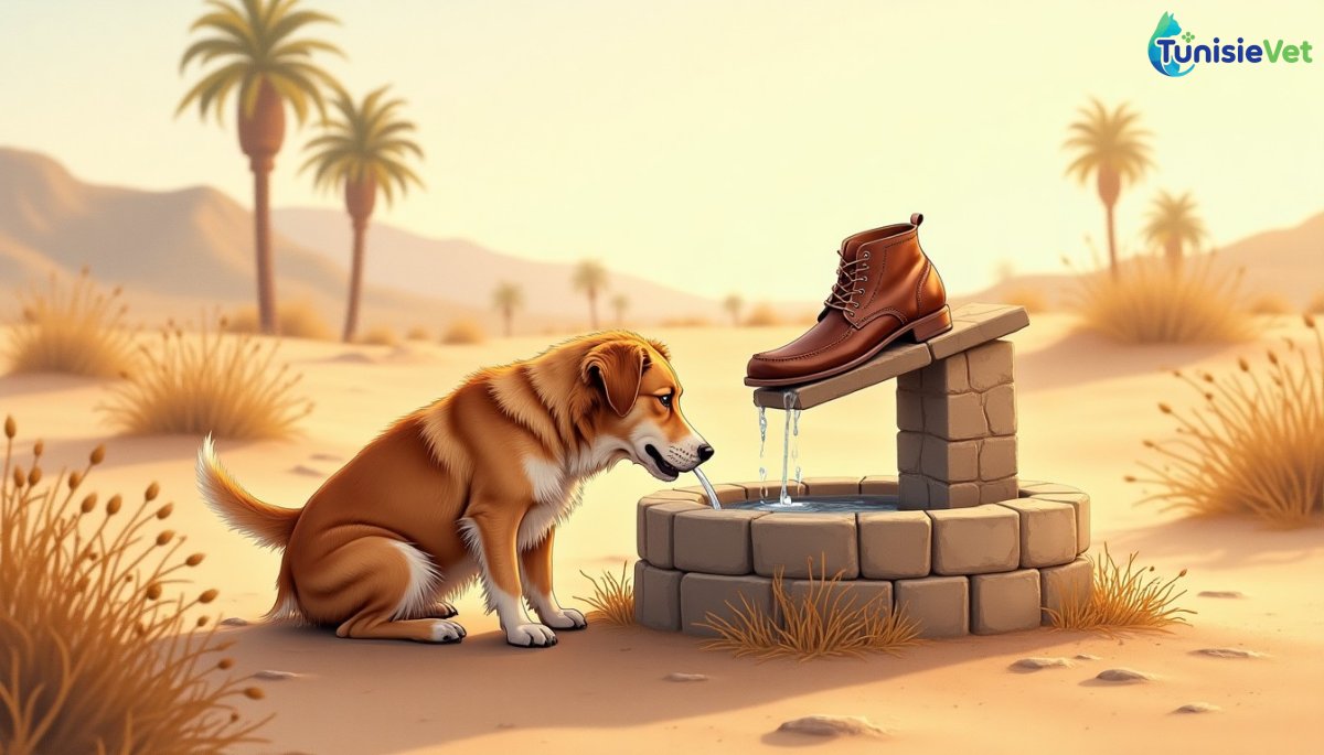 Un chien assoiffé boit de l'eau versée depuis une chaussure de cuir près d'un puits en pierre, sous la lumière chaude du désert.