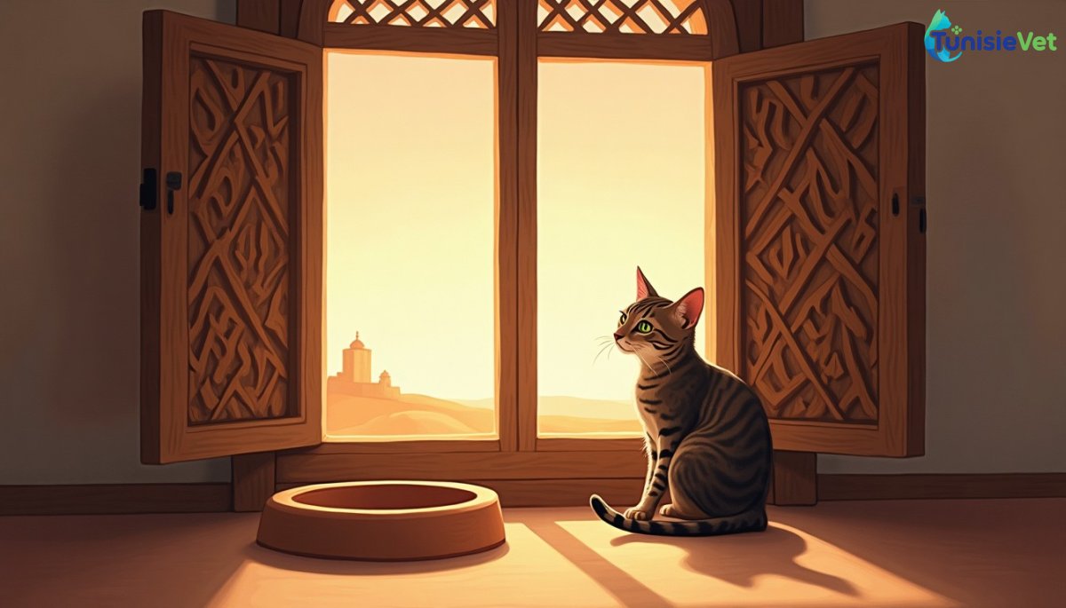 Un chat assis seul derrière une fenêtre en bois ajourée de motifs géométriques islamiques, illustration inspirée d'un hadith sur la bienveillance envers les animaux.