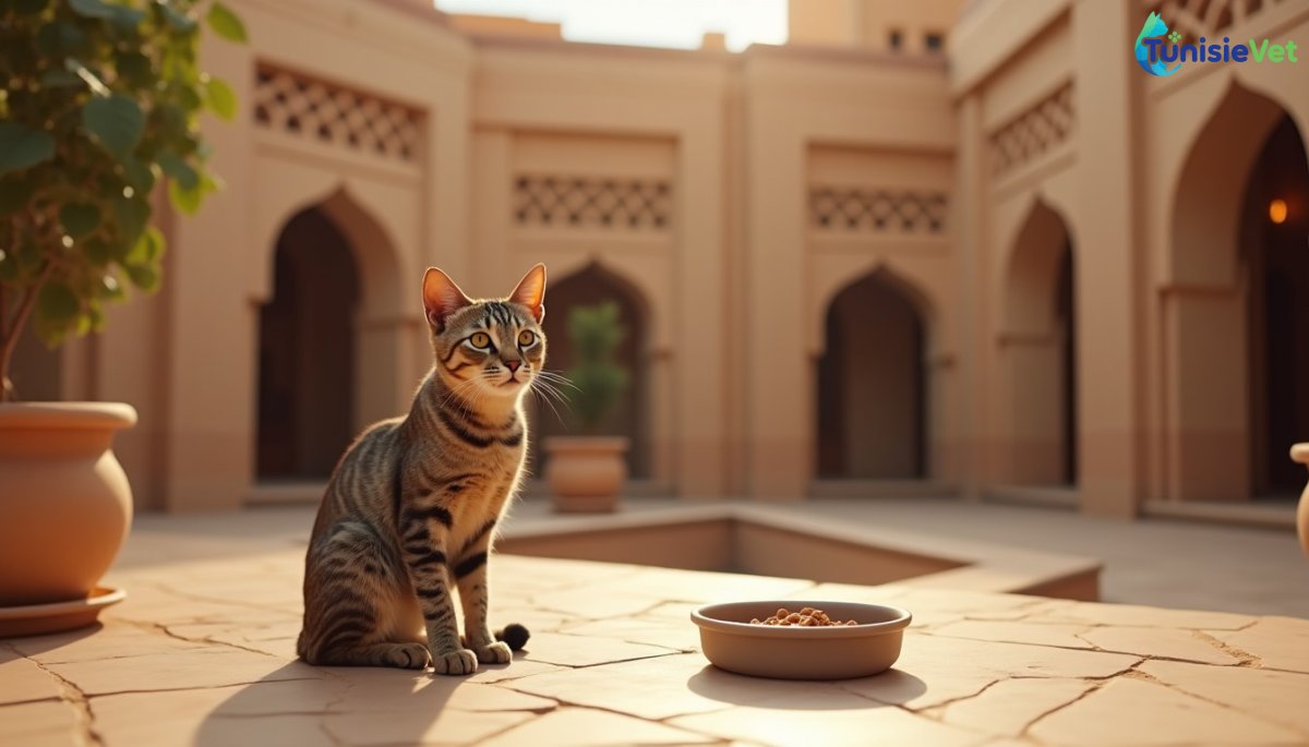 Un chat paisible dans une cour ornée de motifs géométriques islamiques, illustrant le hadith sur la bienveillance envers les animaux.