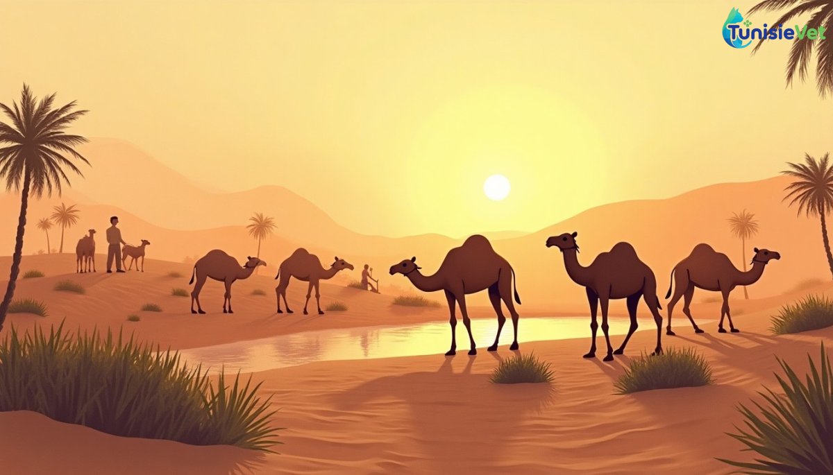 Une caravane de chameaux se reposant paisiblement dans une oasis au coucher du soleil.