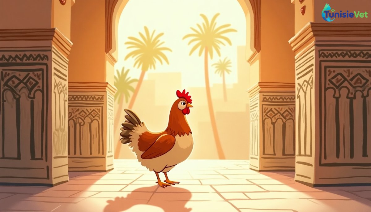 Une poule paisible dans une cour ensoleillée ornée de motifs géométriques islamiques, symbole de la bienveillance envers les animaux.