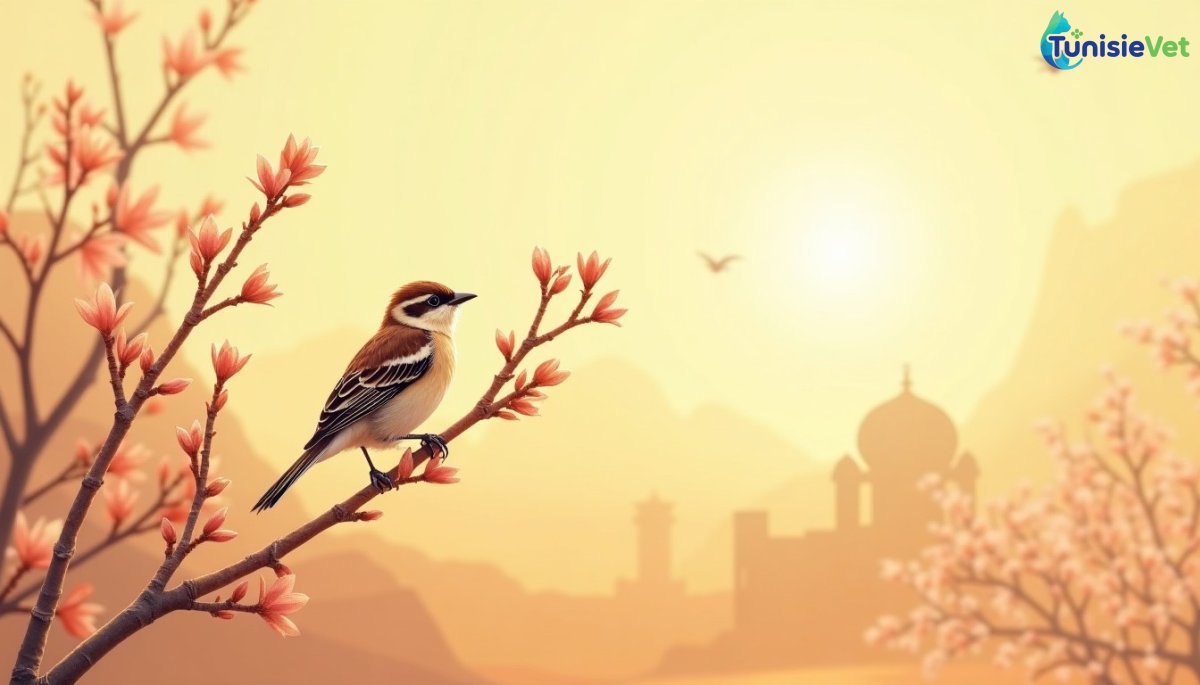Un moineau posé paisiblement sur une branche fleurie sous une lumière dorée, illustrant le respect dû aux oiseaux.