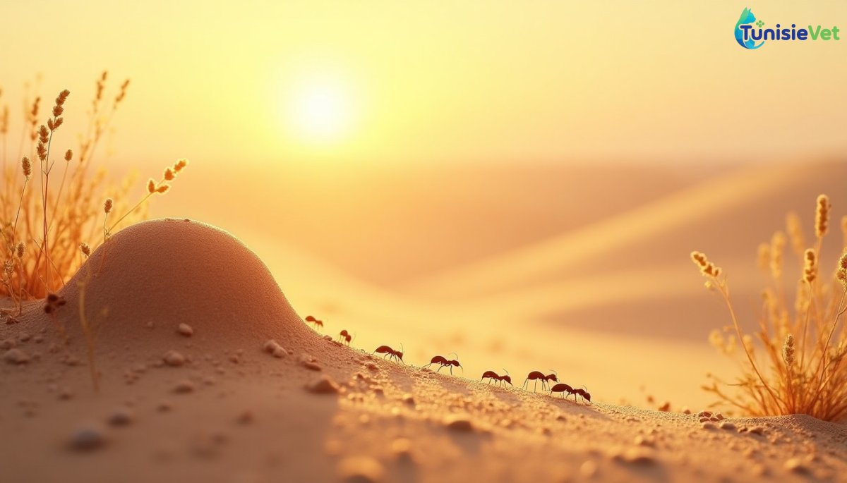 Une colonie de fourmis chemine paisiblement sur le sable doré d'un désert éclairé par une lumière chaude.