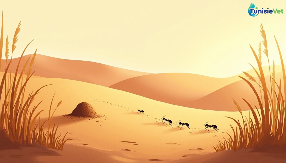 Une fourmilière paisible dans le sable doré du désert, illustrant l'histoire des fourmis évoquée dans le hadith.