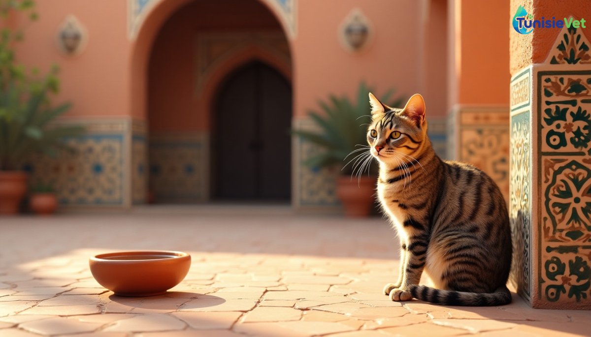 Un chat paisible assis près d'une cour ornée de motifs géométriques islamiques, avec un bol d'eau et de nourriture posé à côté de lui.