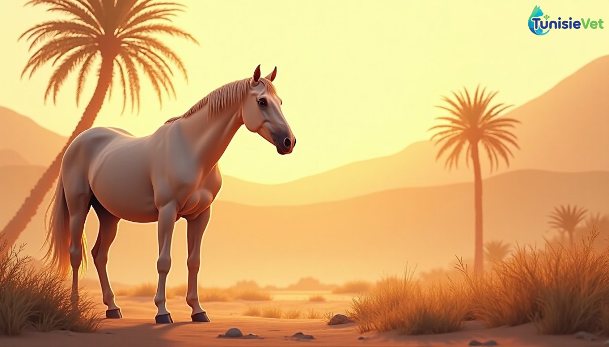 Un cheval arabe paisible dans une oasis désertique baignée de lumière chaude, illustration en aquarelle façon livre de contes.