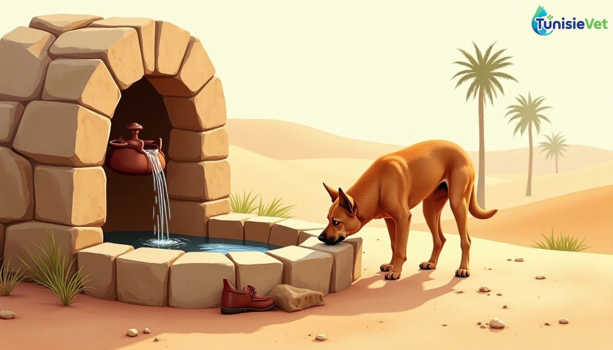 Un chien assoiffé buvant l'eau versée par un voyageur près d'un puits dans le désert, illustration douce en aquarelle.