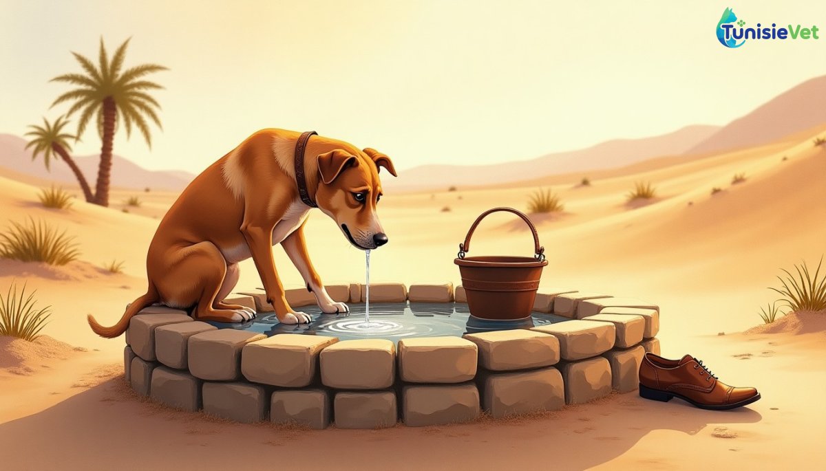 Un chien assoiffé boit de l'eau versée dans une chaussure près d'un puits ancien dans le désert.