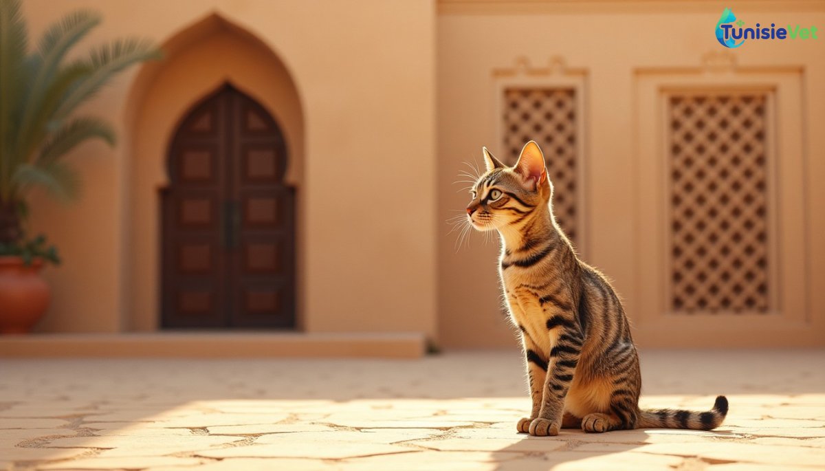 Une chatte assise seule près d'une petite enceinte d'argile dans une cour ensoleillée, illustrant le hadith sur la bienveillance envers les animaux.