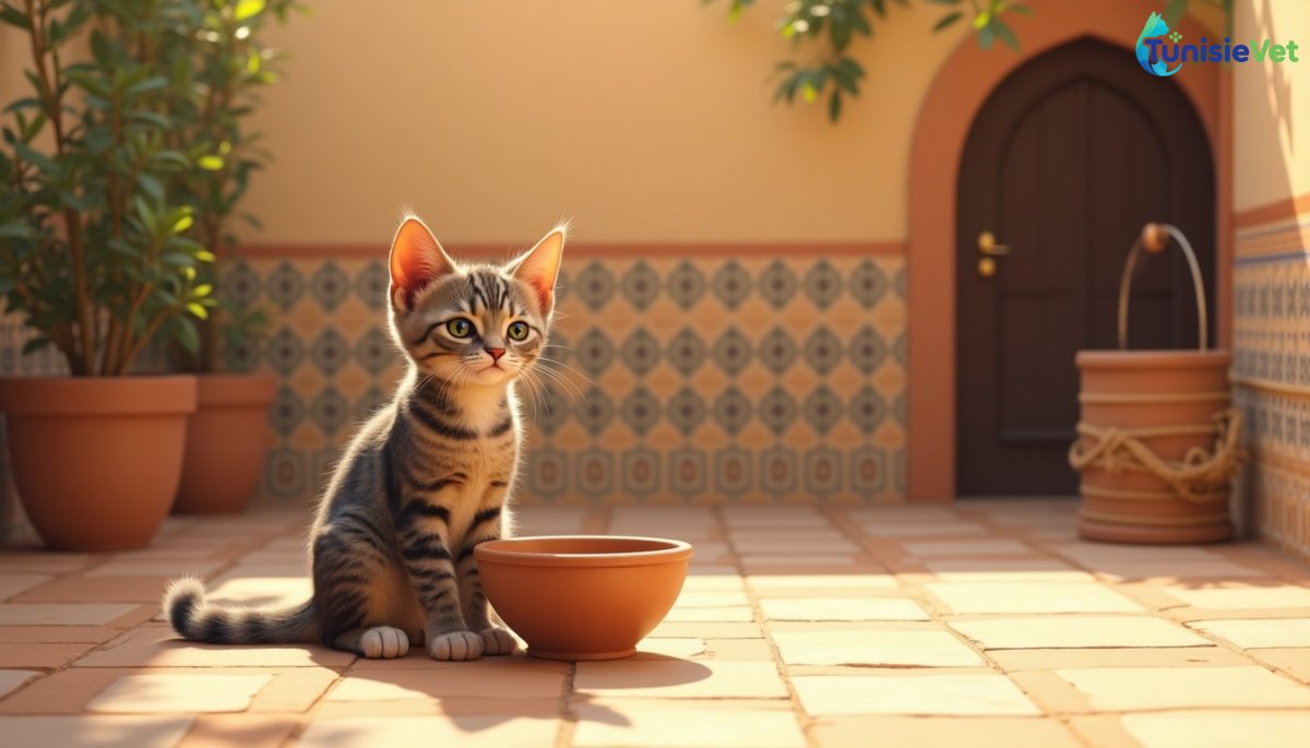 Une chatte assise près d'une écuelle d'eau dans une cour ensoleillée ornée de motifs islamiques, illustrant la responsabilité envers les animaux.