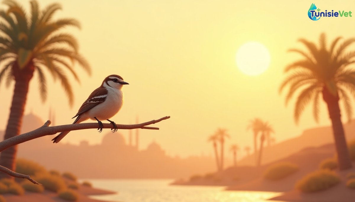 Un petit oiseau posé paisiblement sur une branche dans une oasis baignée de lumière dorée.