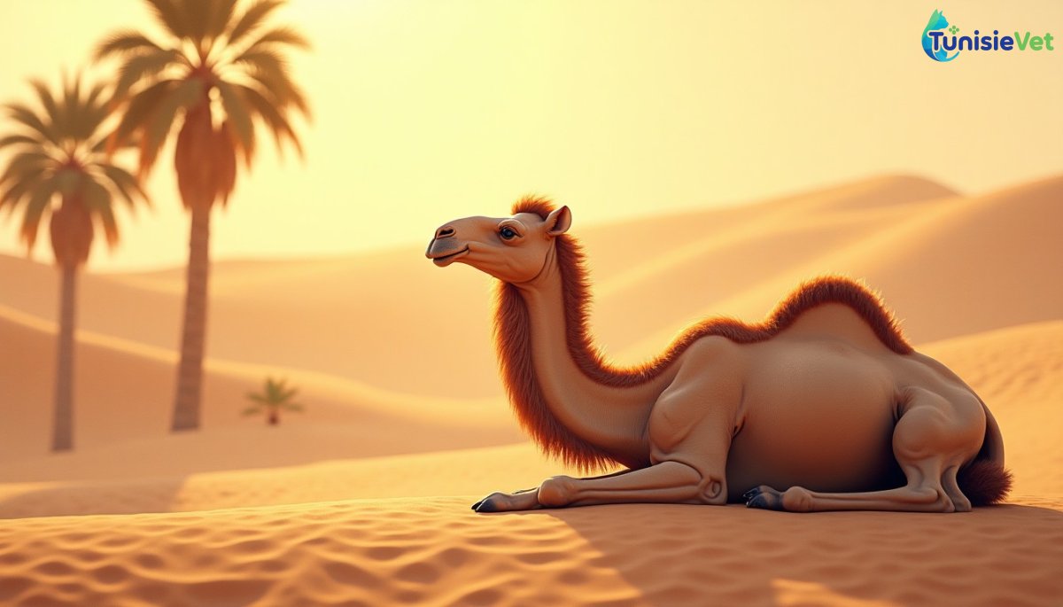 Un chameau se repose paisiblement dans une oasis baignée de lumière dorée, illustrant la miséricorde envers les animaux montures.