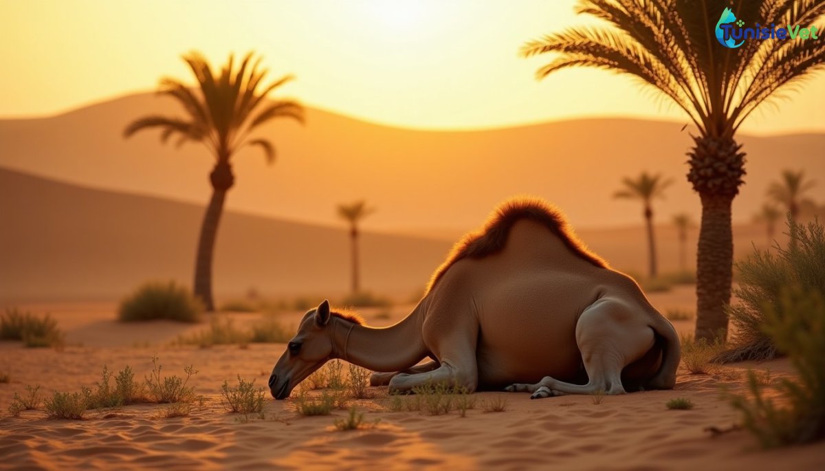 Un chameau se reposant et broutant paisiblement dans une oasis désertique au coucher du soleil.