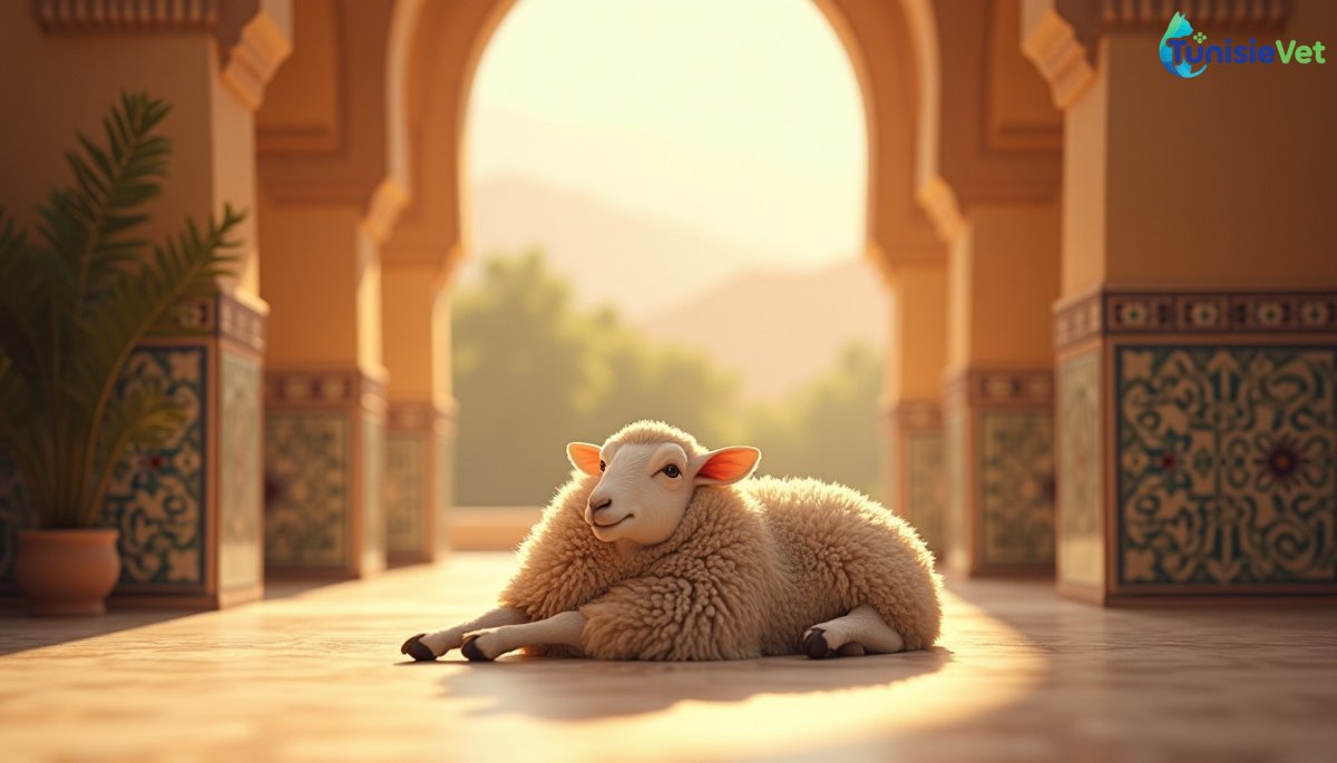 Un mouton paisible reposant dans une cour ensoleillée ornée de motifs géométriques islamiques.