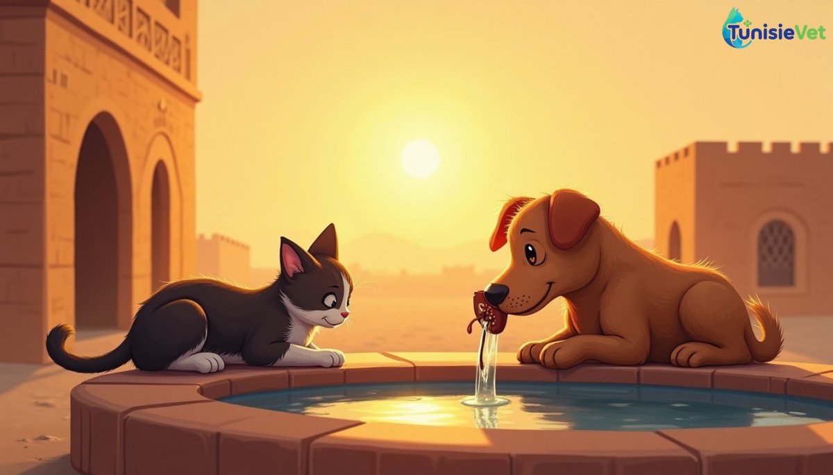 Un chat assoiffé près d'un puits et un chien recevant de l'eau, illustrant la miséricorde envers les animaux dans la tradition islamique.