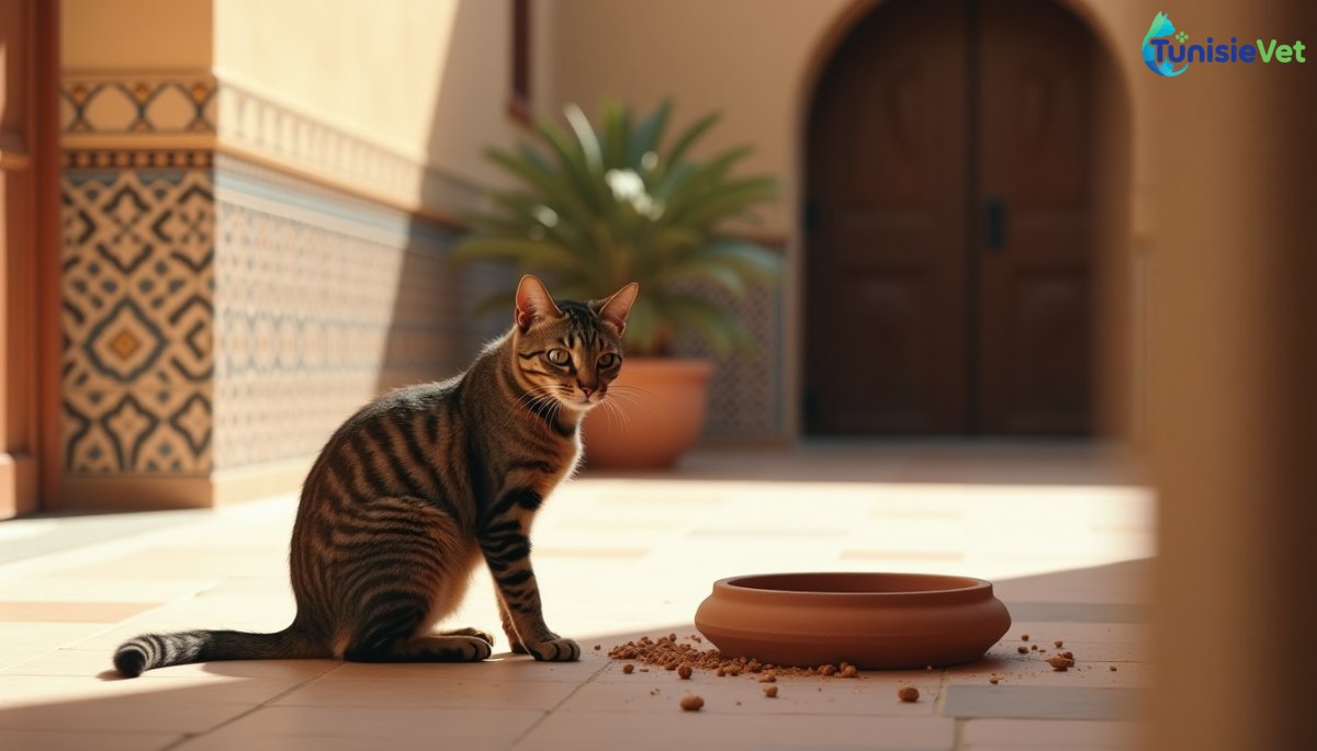 Une chatte assise paisiblement près d'un bol d'eau dans une cour ensoleillée aux motifs islamiques.