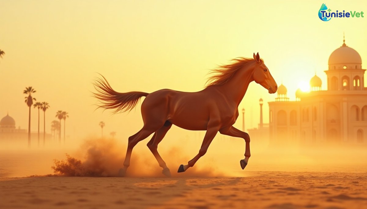 Un cheval arabe au galop dans le désert doré au lever du soleil, illustration douce en aquarelle.
