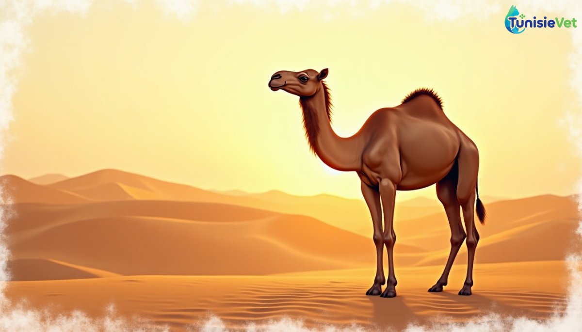 Un chameau se tenant paisiblement au milieu des dunes dorées d'un désert au coucher du soleil.
