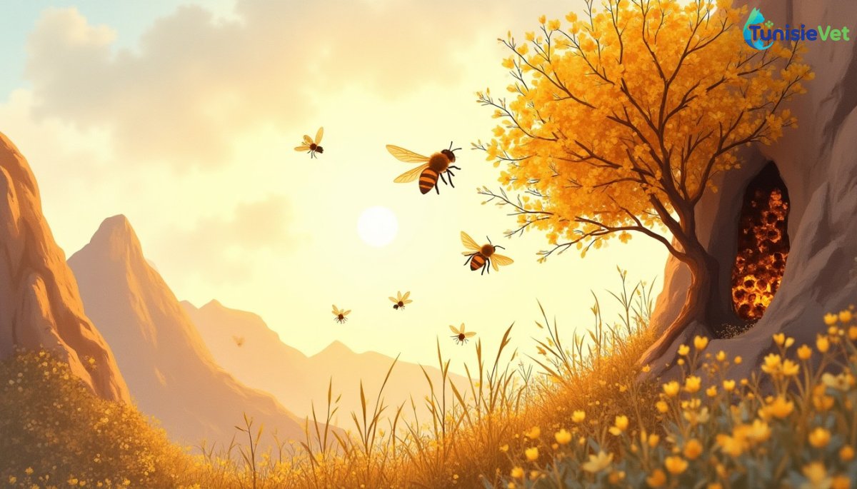 Illustration en aquarelle douce d'abeilles volant autour d'un arbre en fleurs près de montagnes baignées de lumière dorée, avec une alvéole de miel nichée dans la roche.