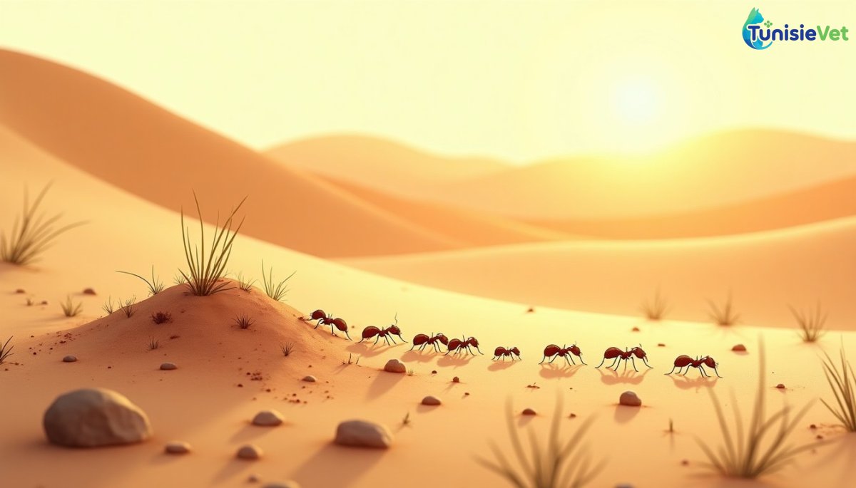 Illustration douce d'une fourmilière dans une vallée désertique baignée de lumière dorée.