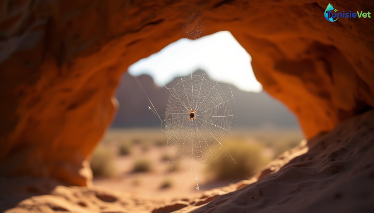 Une toile d'araignée fragile tissée à l'entrée d'une grotte désertique, symbole coranique évoqué dans la sourate Al-'Ankabout.