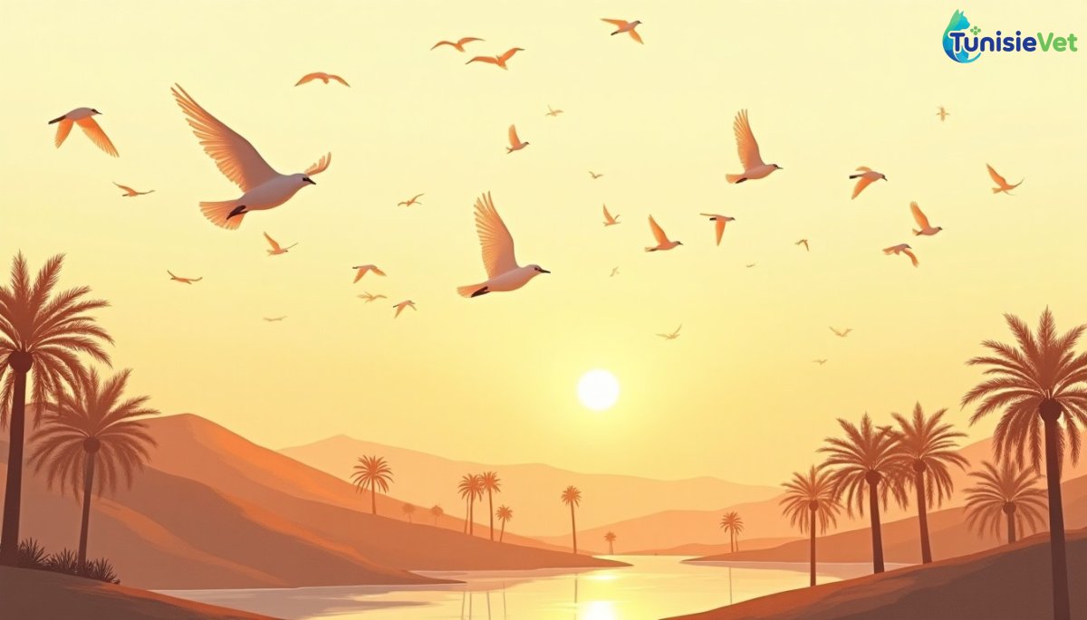 Un vol d'oiseaux planant harmonieusement dans un ciel doré au-dessus d'une oasis paisible.