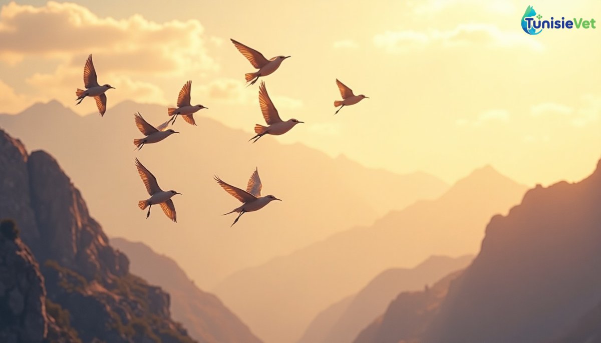 Un vol d'oiseaux déployant leurs ailes au-dessus de montagnes dorées par la lumière du matin.