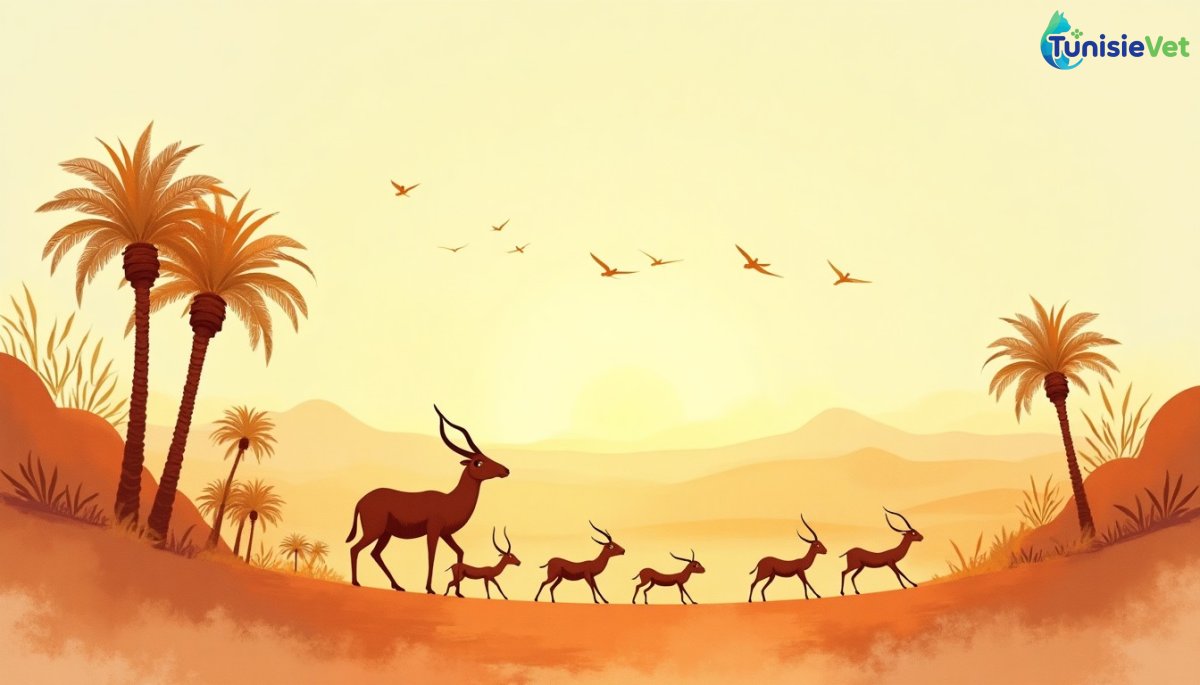Illustration douce d'une oasis au lever du soleil avec des fourmis, des oiseaux volant en groupe et des gazelles, évoquant les communautés animales mentionnées dans le Coran.