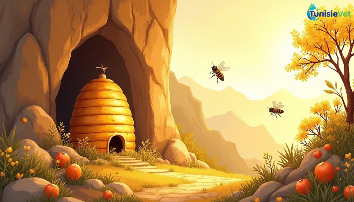 Une ruche dorée nichée dans la montagne avec des abeilles volant doucement parmi les fleurs, illustration douce évoquant l'inspiration divine décrite dans le Coran.