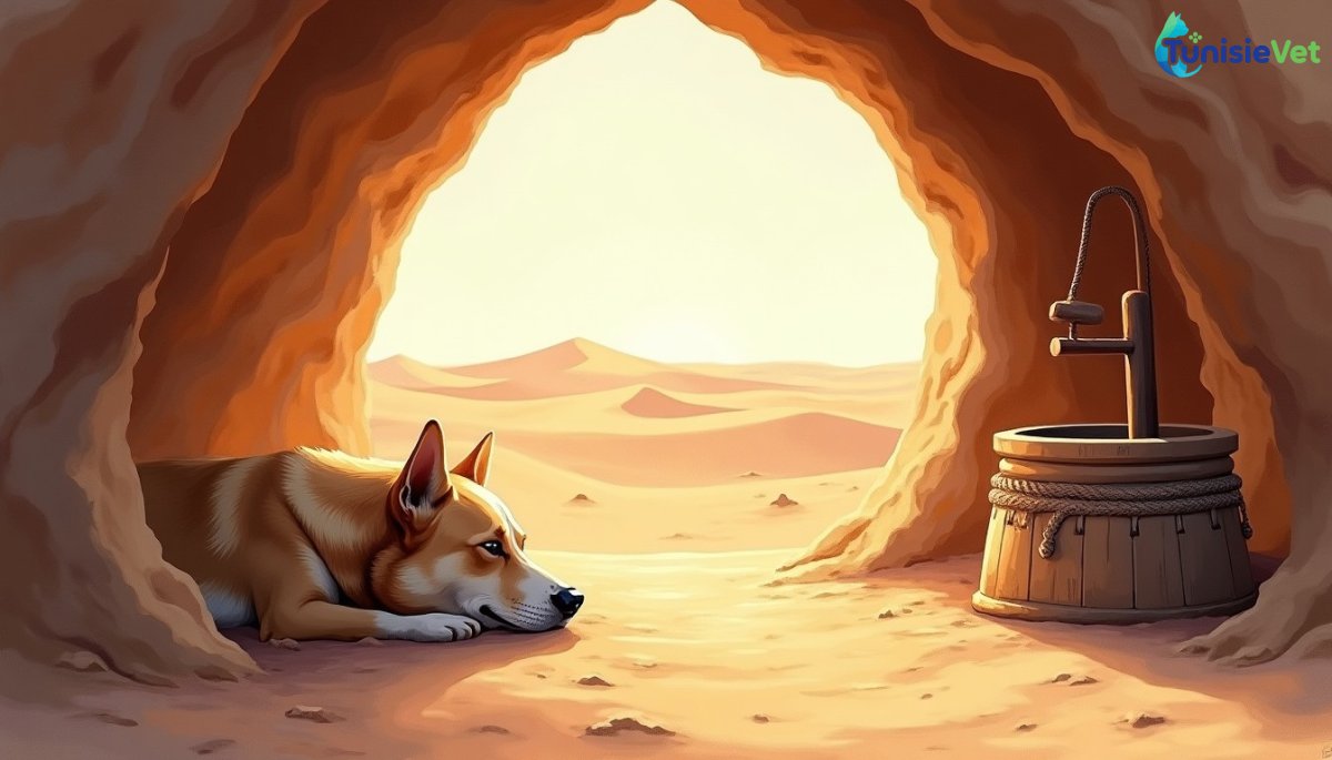 Un chien fidèle allongé à l'entrée d'une grotte du désert, dans une lumière chaude et douce.