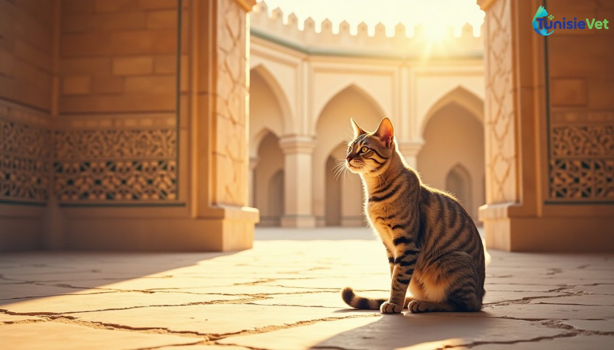 Un chat paisible assis dans la cour ensoleillée d'une mosquée ornée de motifs géométriques.